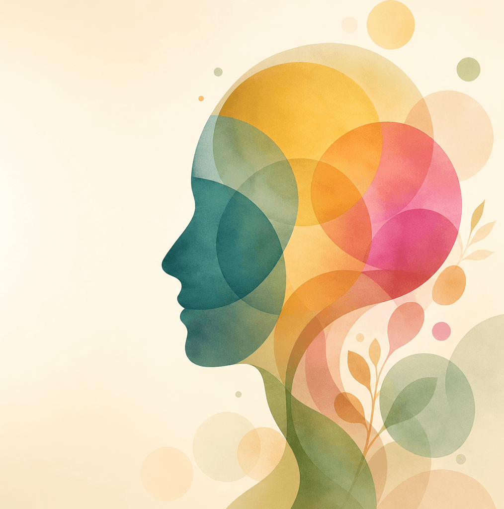 Abstract profile of a human head formed from colorful overlapping circles and leaves, symbolizing clarity, growth, and potential